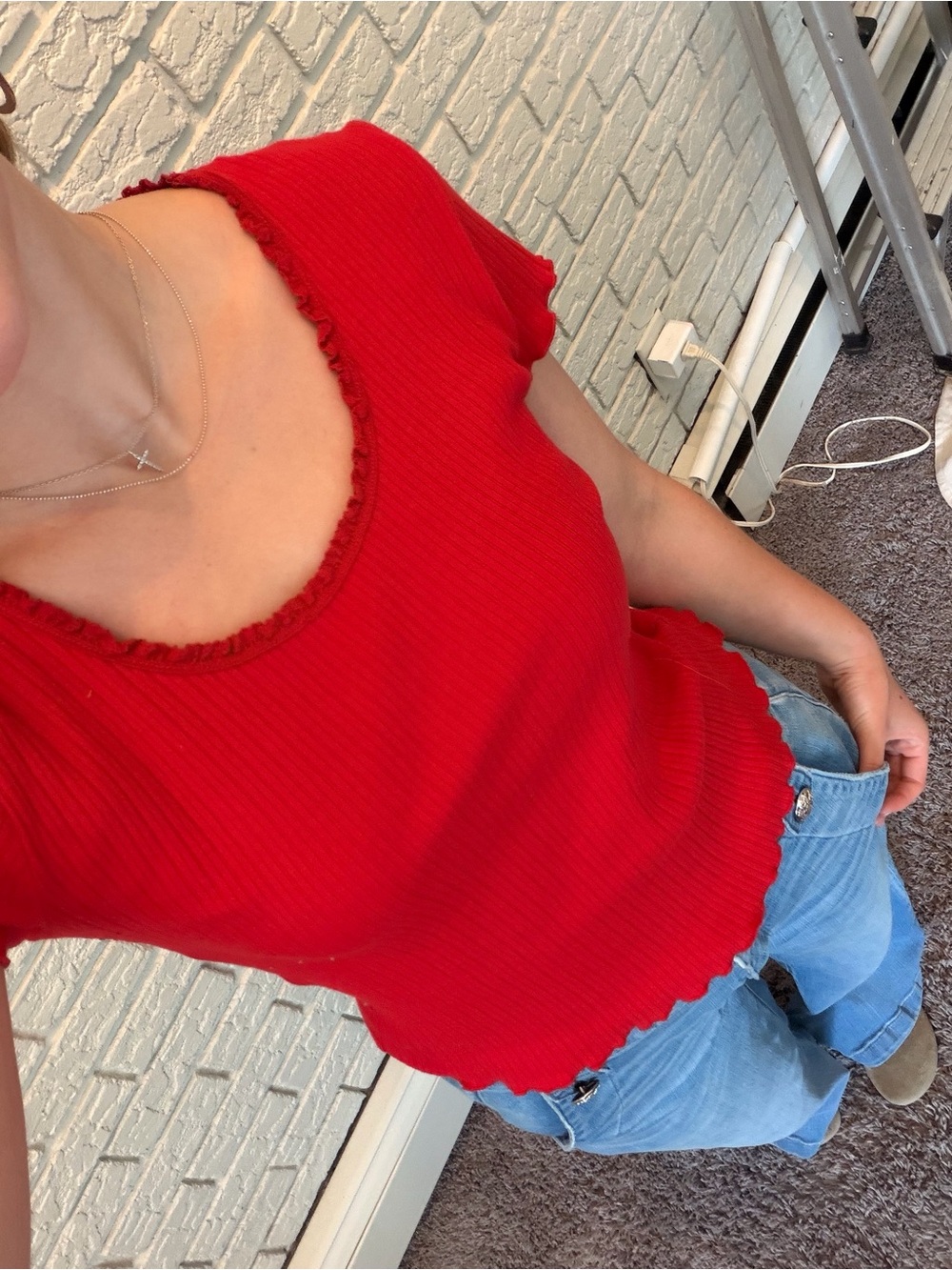 Ambiance Red Ribbed Lettuce-Edge Crop Top